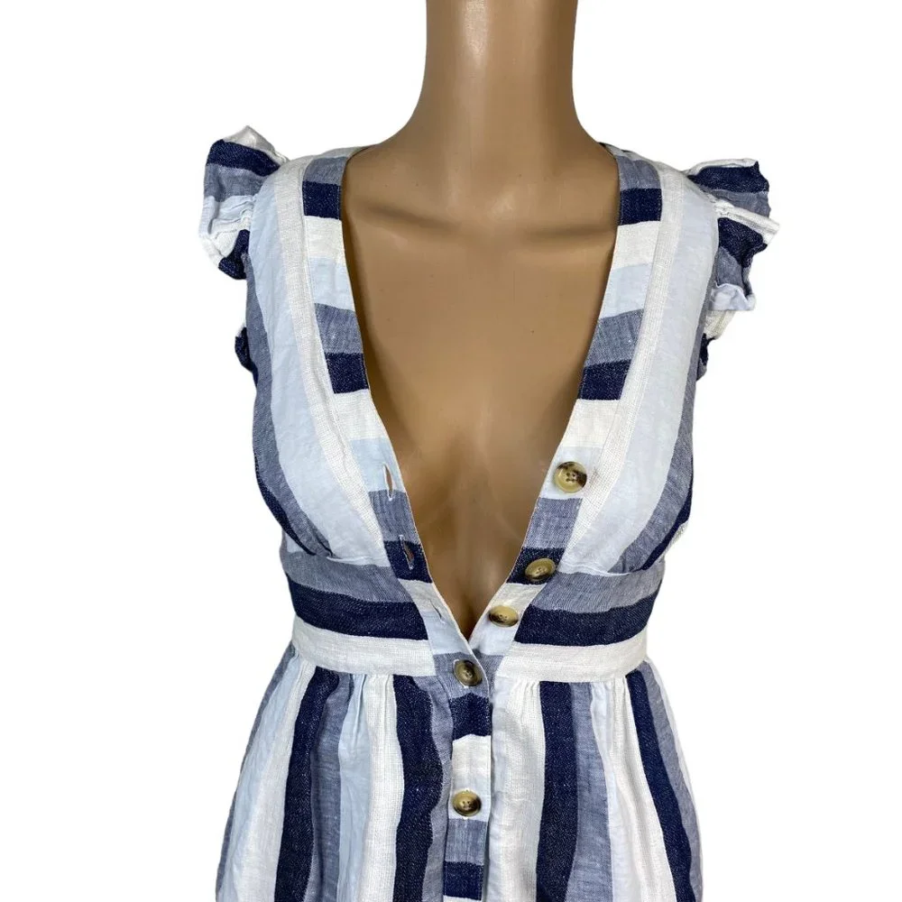 J. Crew Point Sur Linen Striped A-line Dress SZ 00P Blue White Spring Summer - Picture 6 of 10